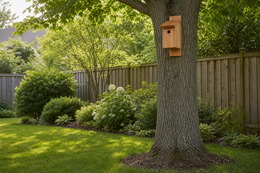Natural wooden bird house mounted at a practical height in a backyard garden