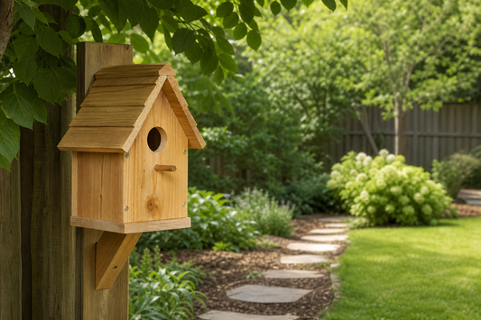 Natural wooden bird house placed beside a quiet backyard garden path