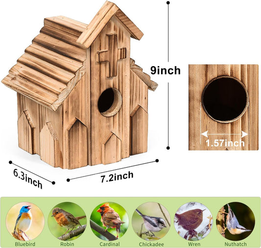 Light wood church-shaped birdhouse with round entrance hole and shingled sloped roof