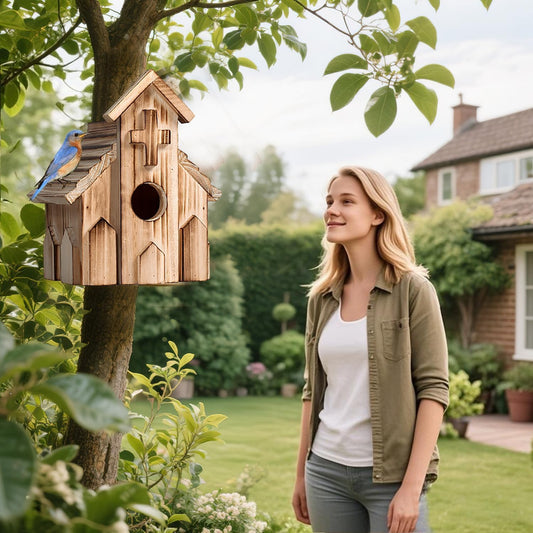Light wood church-shaped birdhouse with round entrance hole, mounted outdoors on a post
