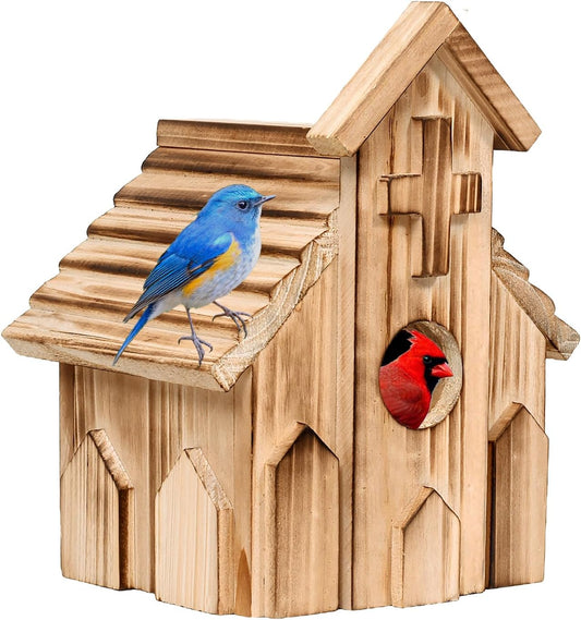 Light wood church-shaped birdhouse with cross carving, round entrance and side perch