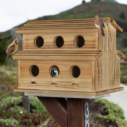 Wooden hanging bird house with six entrance holes and side door, birds perched at openings