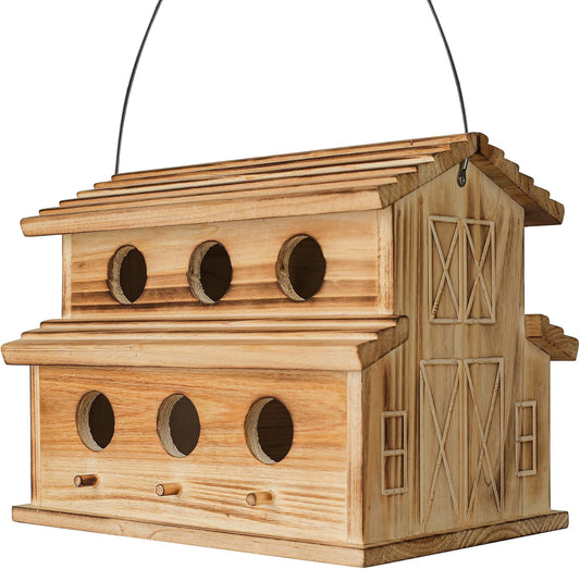 Wooden hanging bird house with six entrance holes, gabled roof and door latch