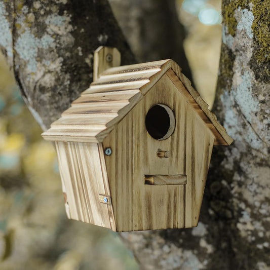 Wooden birdhouse hanging outdoors with round entrance hole and front perch, light brown