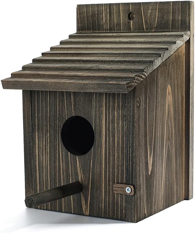 Easy-clean wooden bird house with round entrance hole, dark stained finish, front perch bar.