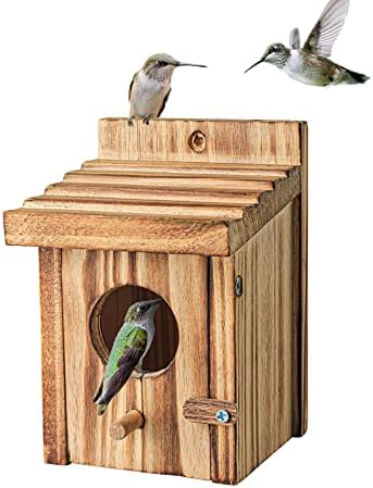 Mini wooden hanging hummingbird house with round entrance, two hummingbirds feeding