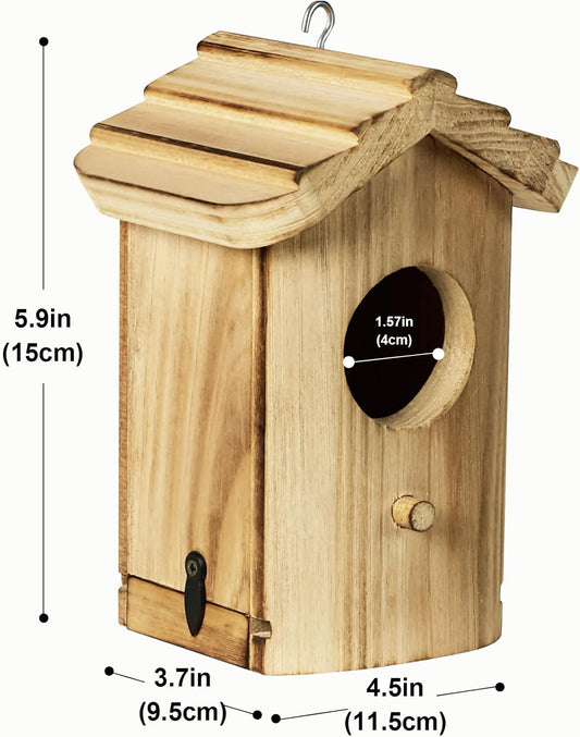 Mini wooden hanging bird house with oval entrance and metal door latch