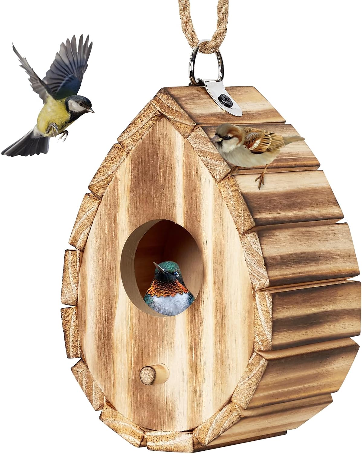Wooden hanging birdhouse with round opening, featuring birds on and near the feeder