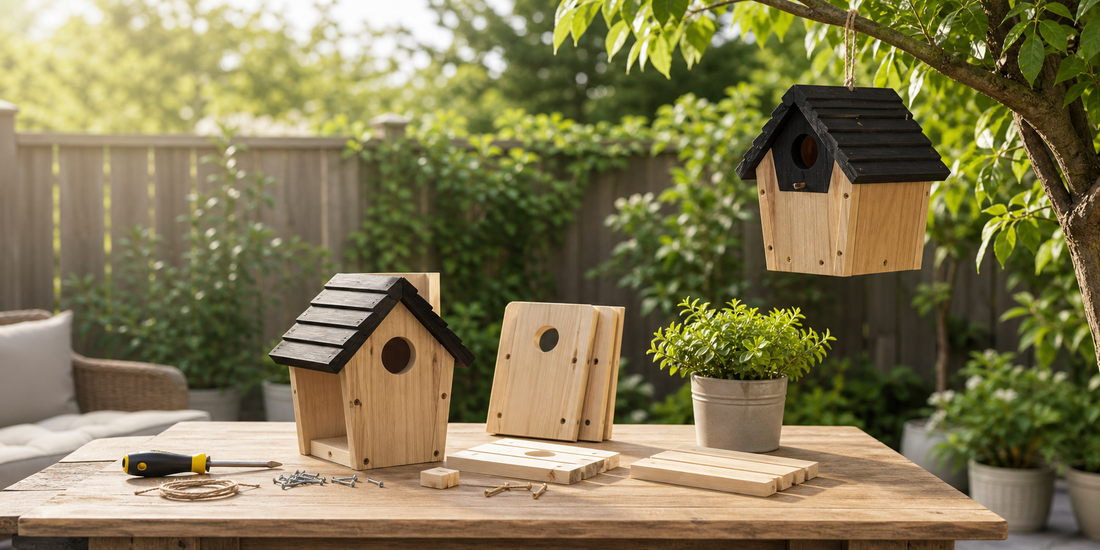 NATUREYLWL wooden bird house marketing image in a garden patio
