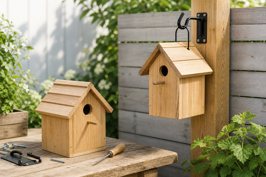 NATUREYLWL wooden bird house mounting hardware and roof design marketing image