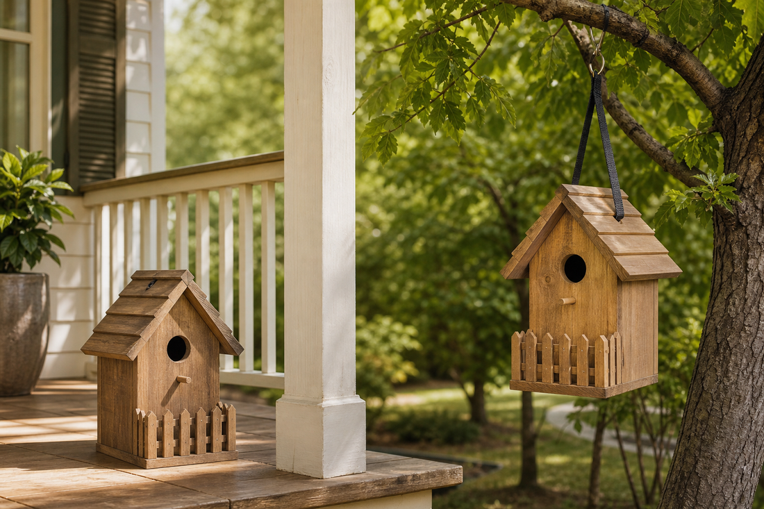 NATUREYLWL wooden bird house porch styling and safe tree hanging marketing image