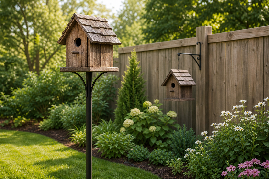 NATUREYLWL pole-mounted and rustic wooden bird house marketing image