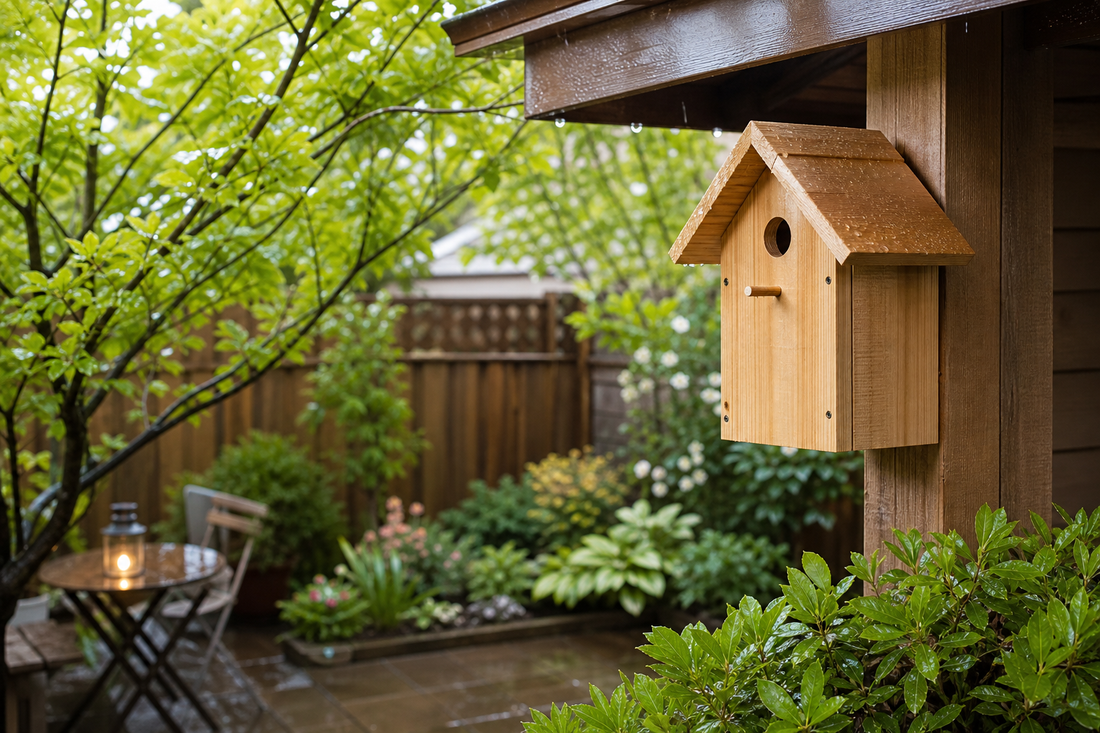 NATUREYLWL wooden bird house rain protection and small yard garden setup image