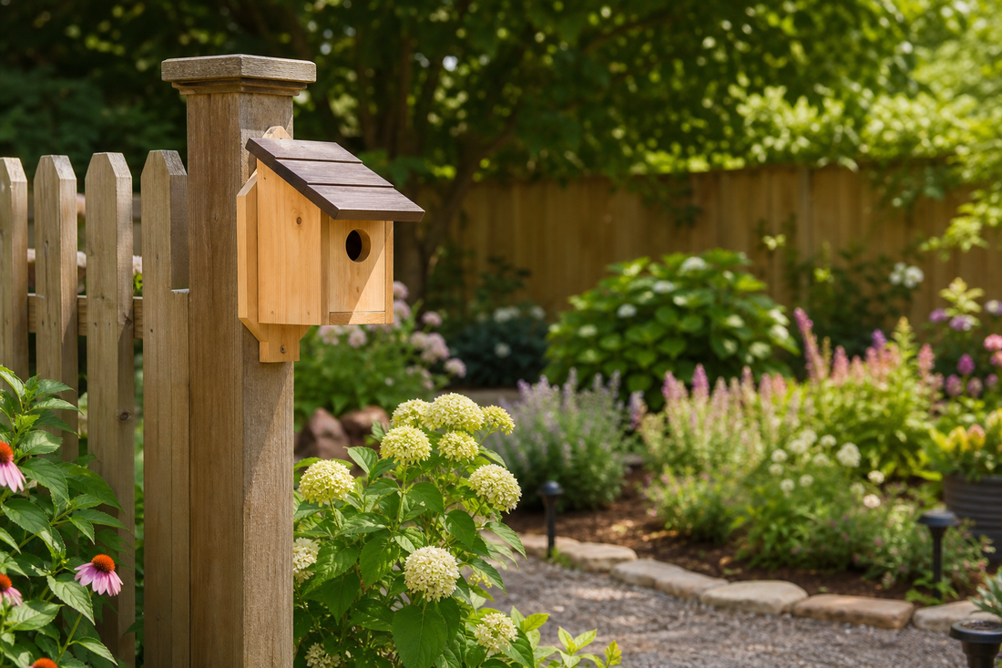 NATUREYLWL wooden bird house fence post placement and flower garden styling image