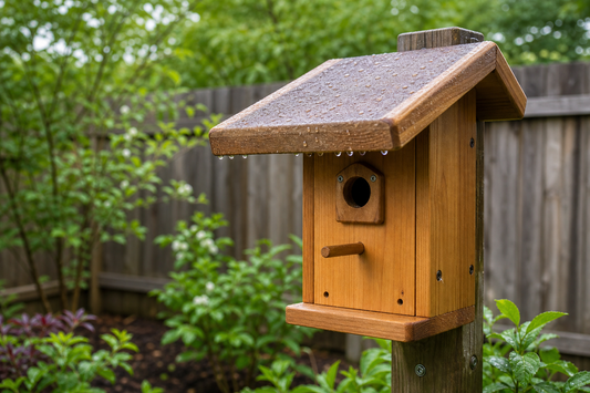 Outdoor wooden bird house with a protective roof overhang after rain