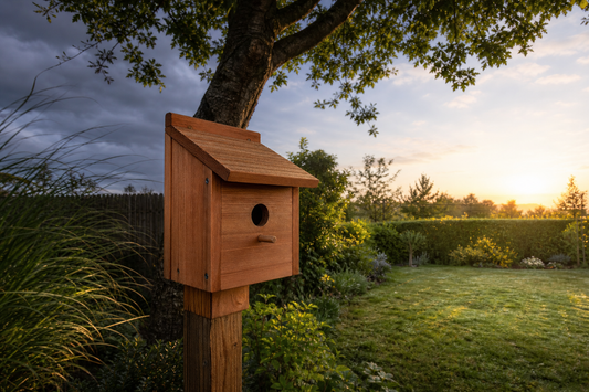 Wooden bird house entrance facing a calm sheltered backyard garden at sunrise