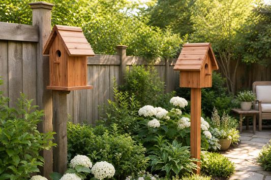 Two natural wooden bird houses used as practical outdoor decor in a backyard garden