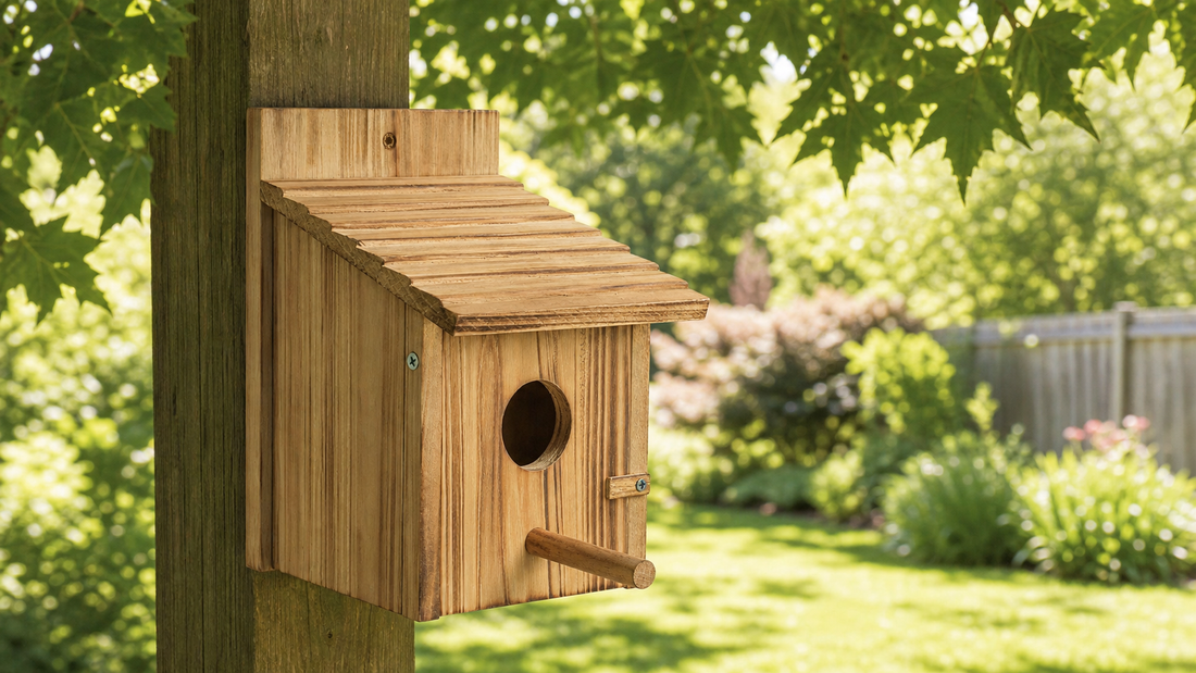 Wooden bird house protected by cool afternoon shade in a backyard garden