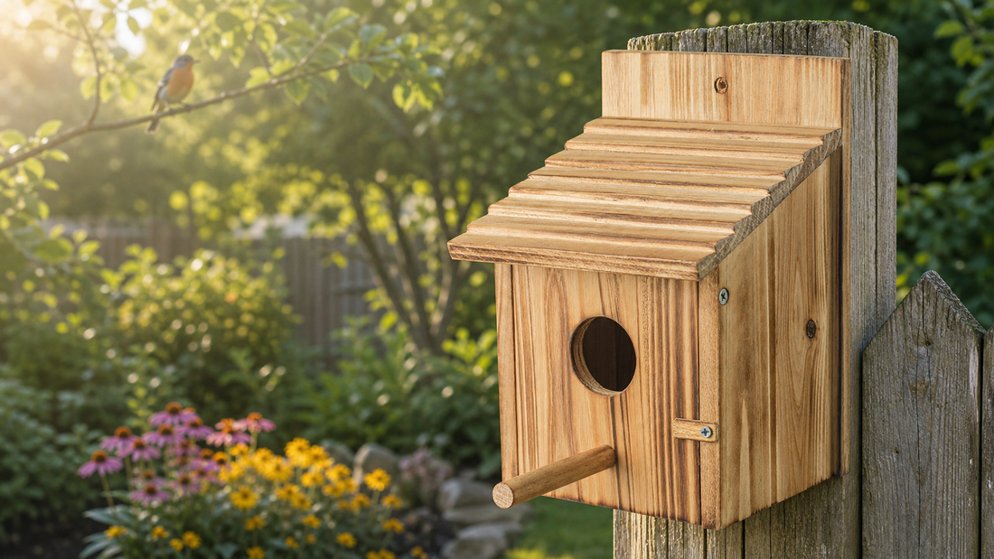 Wooden bird house in gentle morning sun in a backyard garden