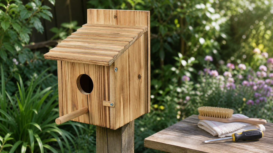 NATUREYLWL easy-clean wooden bird houses in a backyard garden