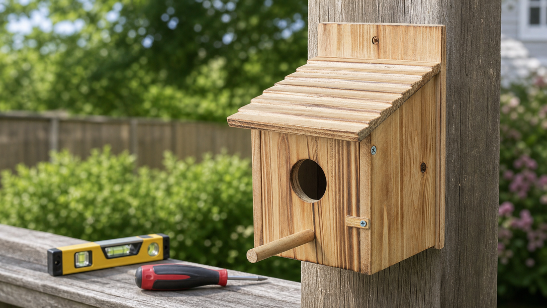 NATUREYLWL hanging wooden bird houses in a backyard garden