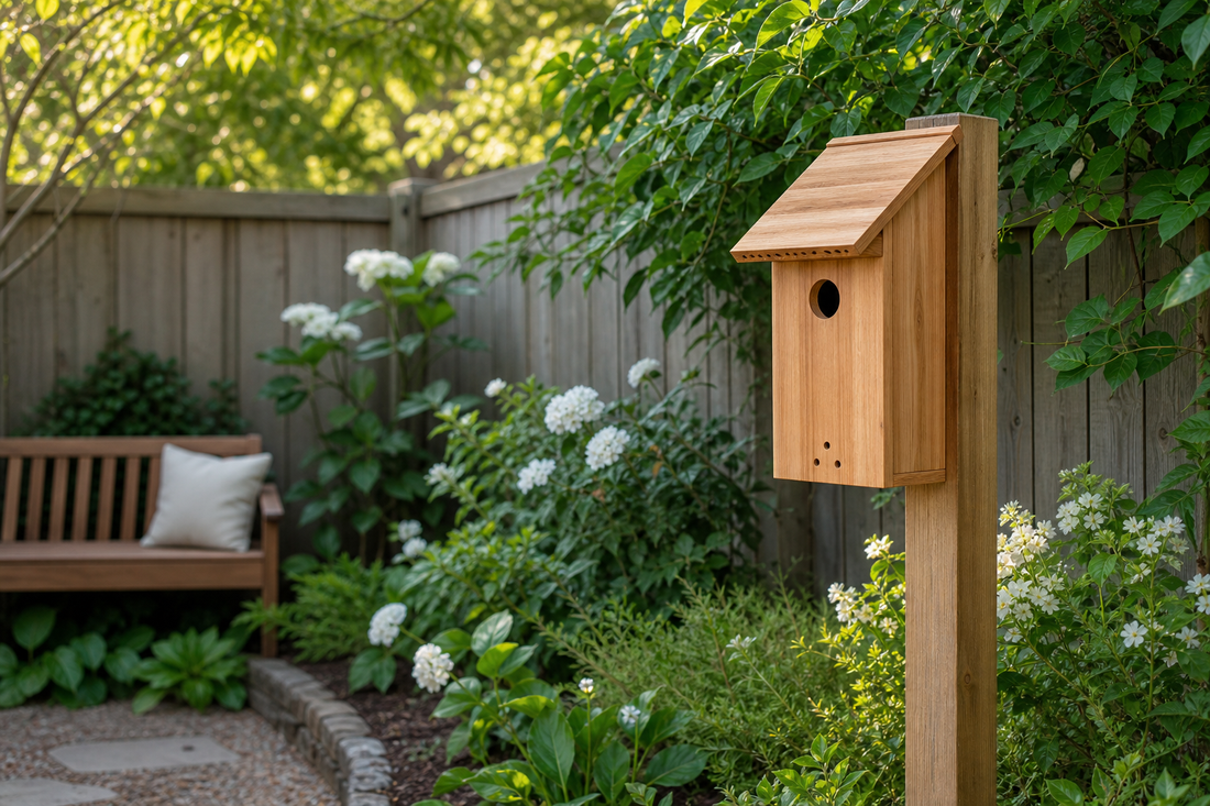 Wooden bird house surrounded by layered plants in a quiet bird-friendly backyard