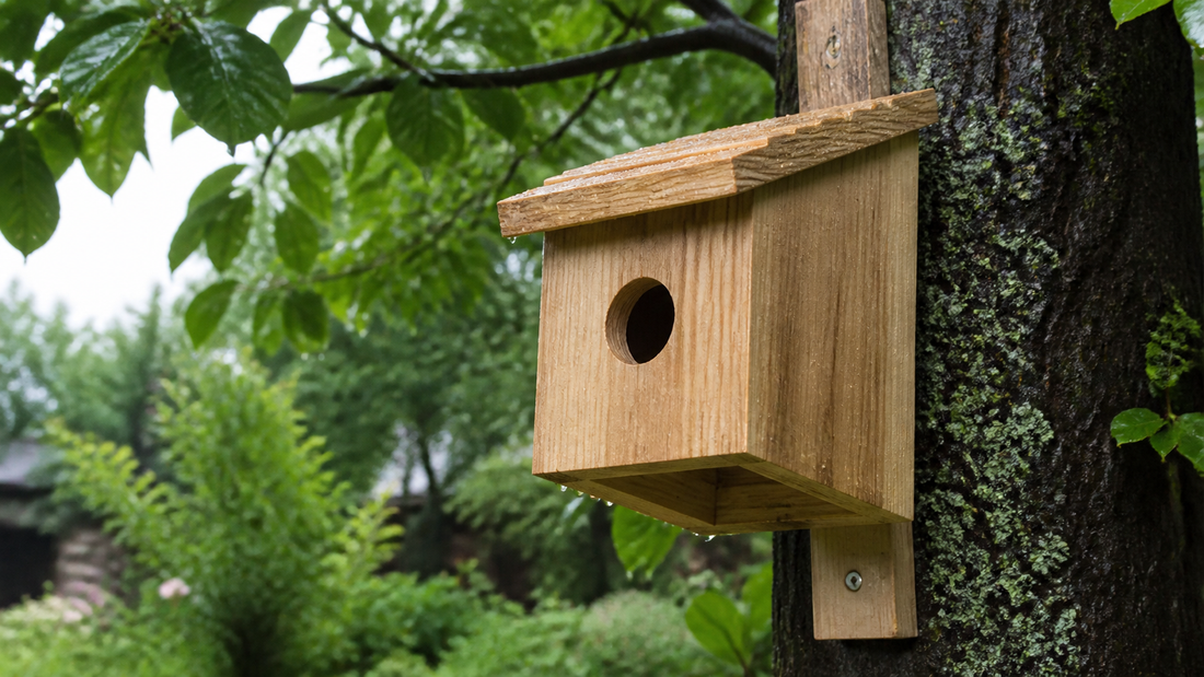 NATUREYLWL outdoor wooden bird houses in a backyard garden