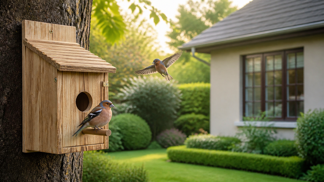 NATUREYLWL backyard bird houses in a backyard garden