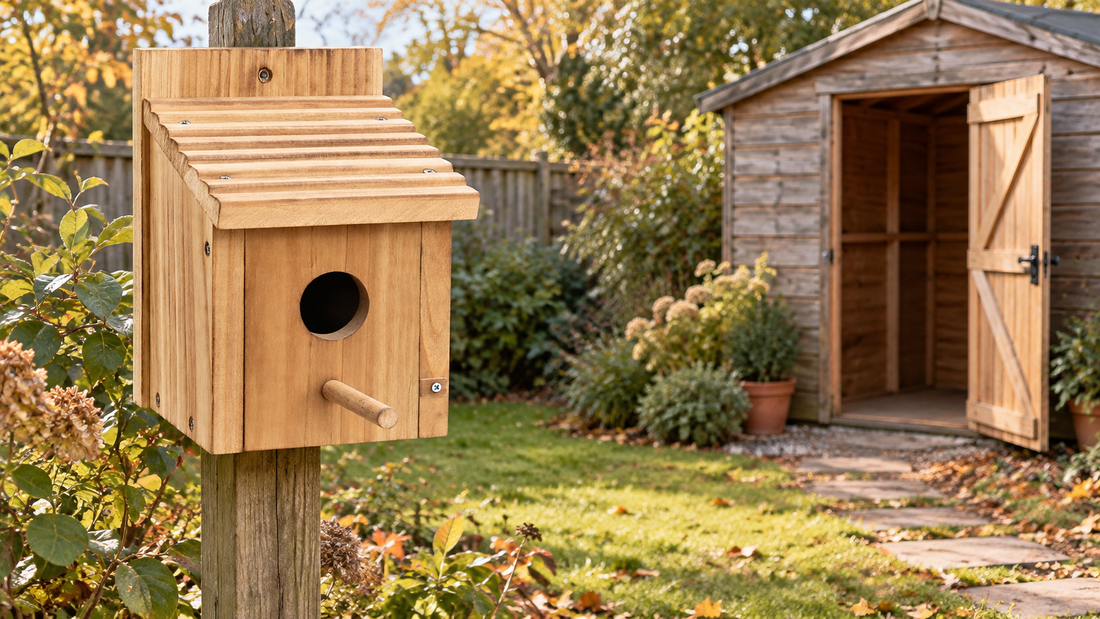 a real single-compartment natural wooden bird house with a broad ridged roof mounted on a separate garden post, a small wooden shed and fully open door well behind it with a clear empty walking route between, soft early-autumn daylight, no birds
