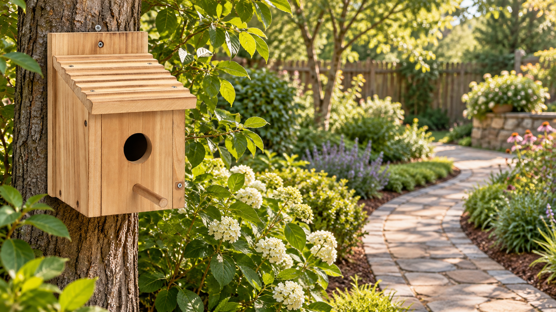 NATUREYLWL garden bird houses in a backyard garden