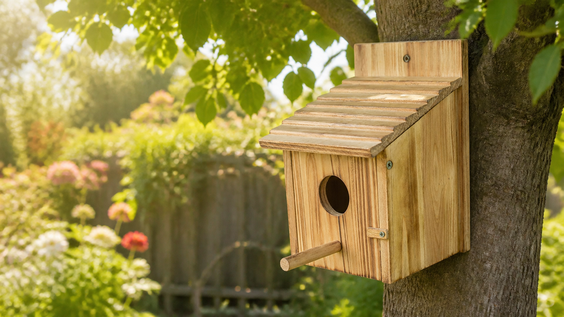 NATUREYLWL outdoor wooden bird houses in a backyard garden