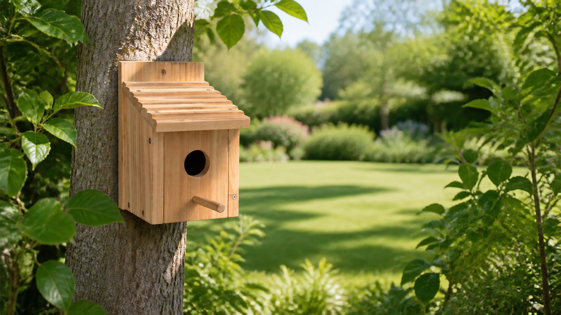 NATUREYLWL hanging wooden bird houses in a backyard garden
