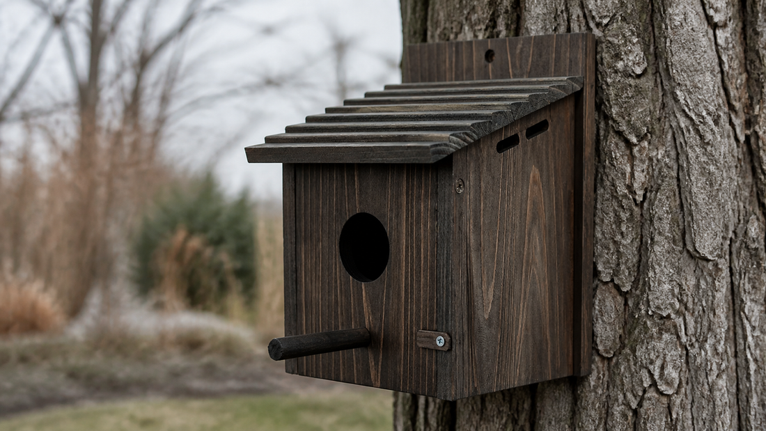NATUREYLWL natural wooden bird houses in a backyard garden