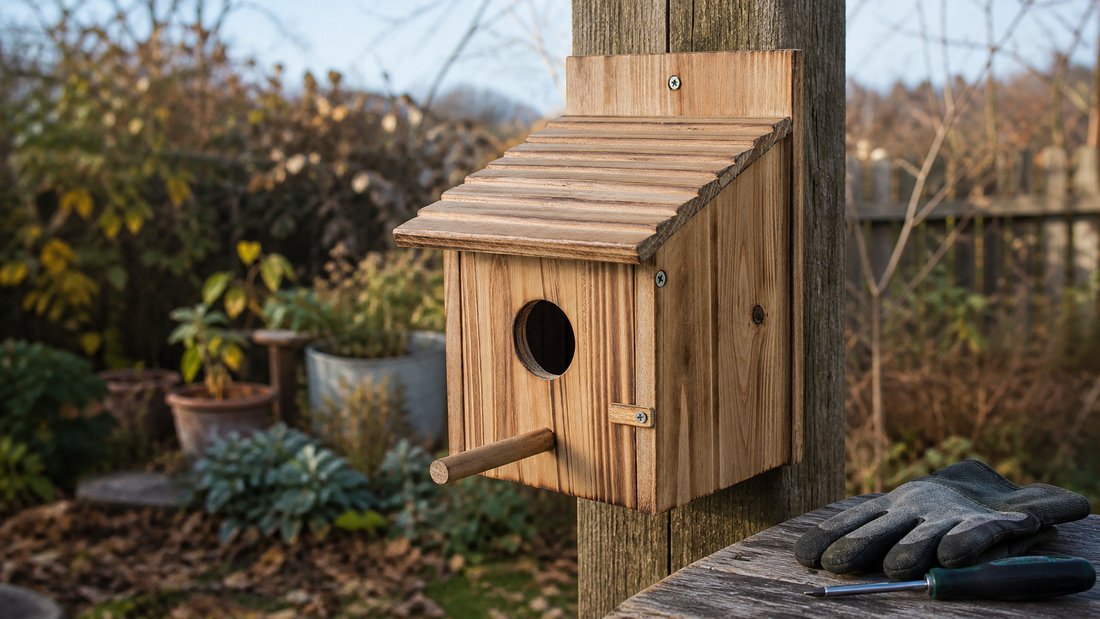 NATUREYLWL hanging wooden bird houses in a backyard garden