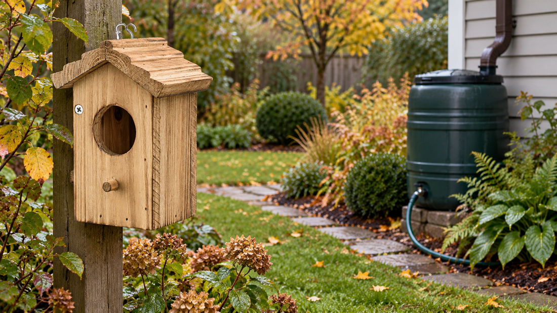A tall natural-wood hanging birdhouse with a pitched ribbed roof in an early-autumn garden, clearly separated from a closed rain barrel and hose route, dry stable mounting area, no birds.