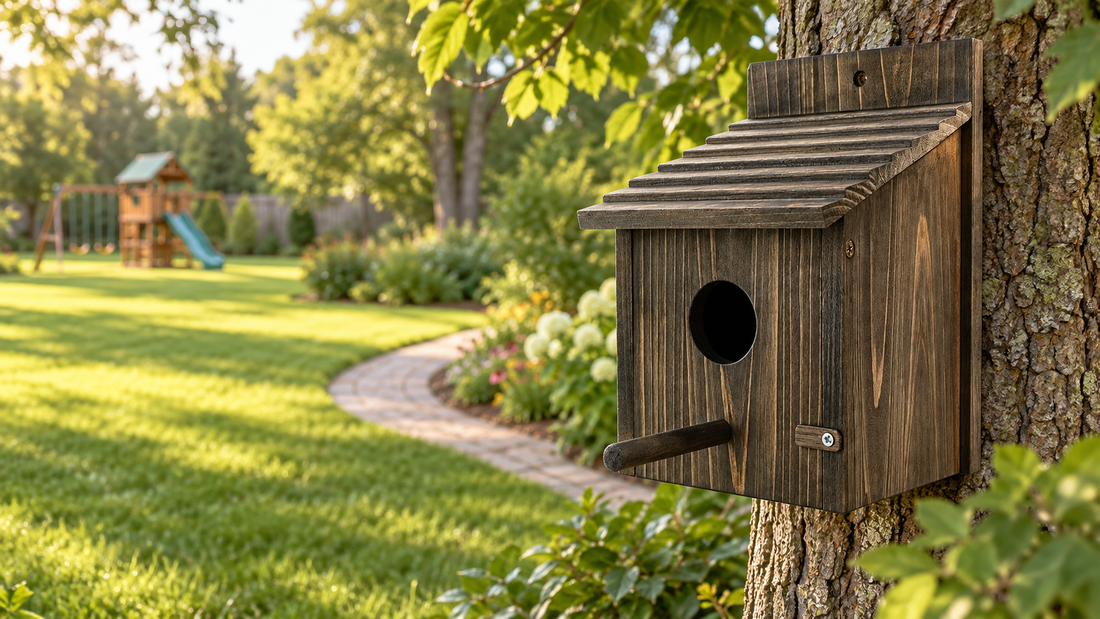 A dark natural-wood rectangular birdhouse with ribbed sloping roof mounted in a quiet leafy garden zone, a children's play area visible far in the soft background beyond a separate lawn and path, no people, toys or animals close to the birdhouse
