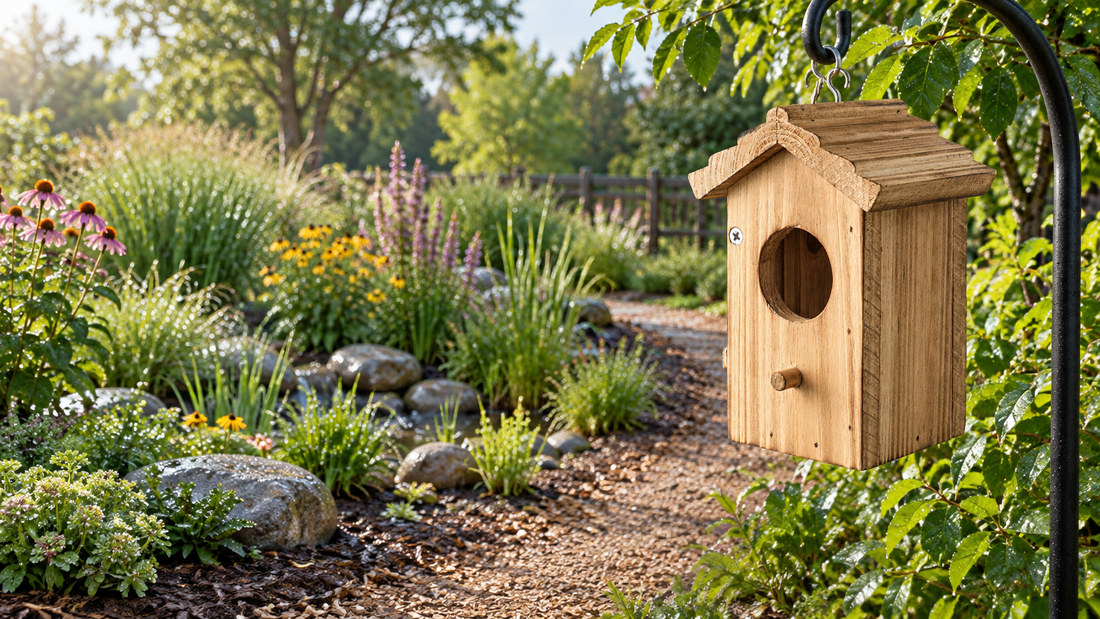 A tall natural-wood birdhouse with a pitched ribbed roof and hanging hook in a dry garden border beside a planted rain garden, with a clear dry support and no birds.