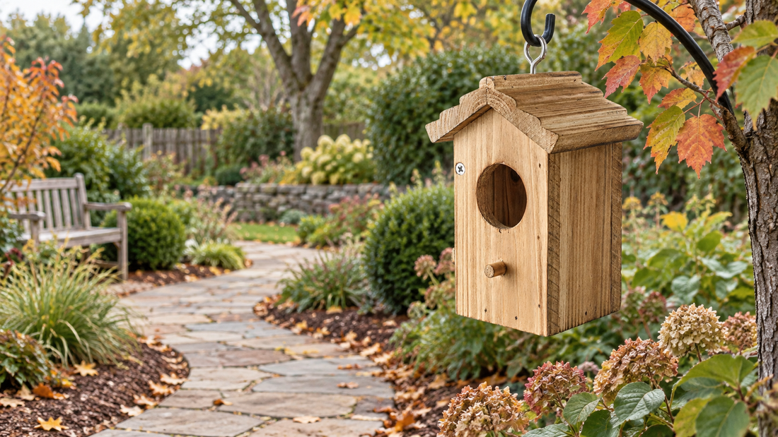 A tall natural-wood hanging birdhouse with a pitched ribbed roof in a calm early-autumn garden, positioned well beside a clear curving seasonal garden path with generous maintenance access, no birds.