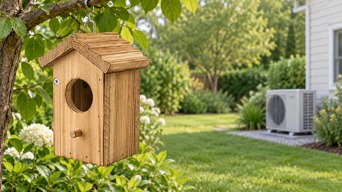 A dark natural-wood rectangular birdhouse with a ribbed sloping roof mounted in a quiet leafy garden zone, an outdoor heat-pump unit visible far in the soft background beyond open lawn and a clear ser