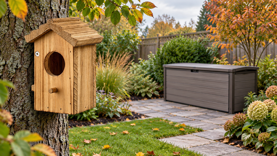 A tall natural-wood hanging birdhouse with a pitched ribbed roof in an early-autumn garden, clearly separated from a closed low outdoor storage box and its access path, dry mounting area, no birds.