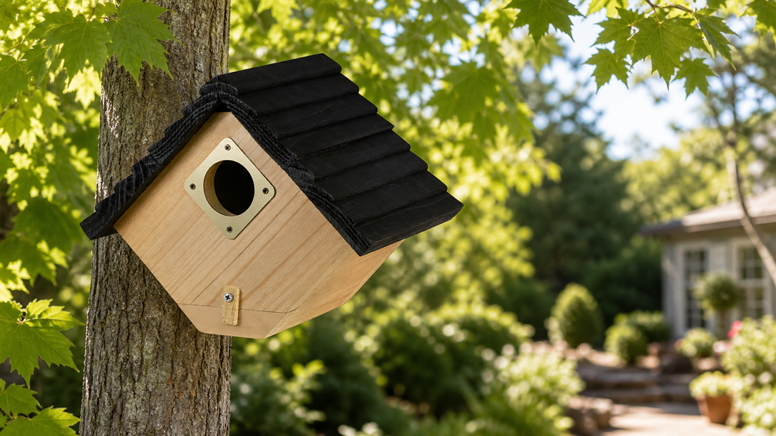 NATUREYLWL ventilated wooden bird houses in a backyard garden