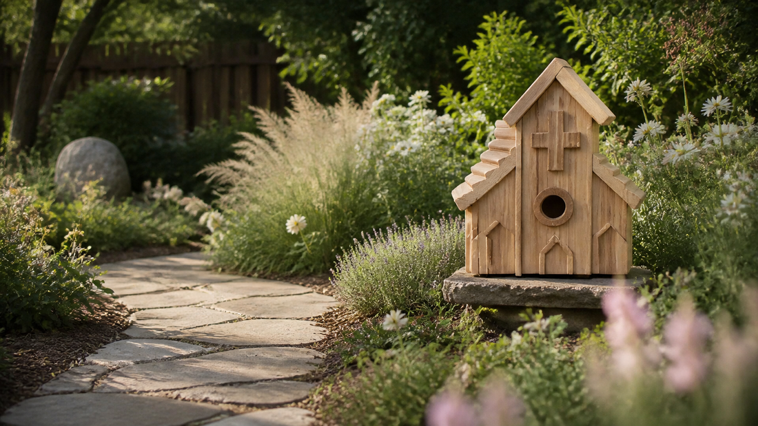 NATUREYLWL decorative wooden bird houses in a backyard garden