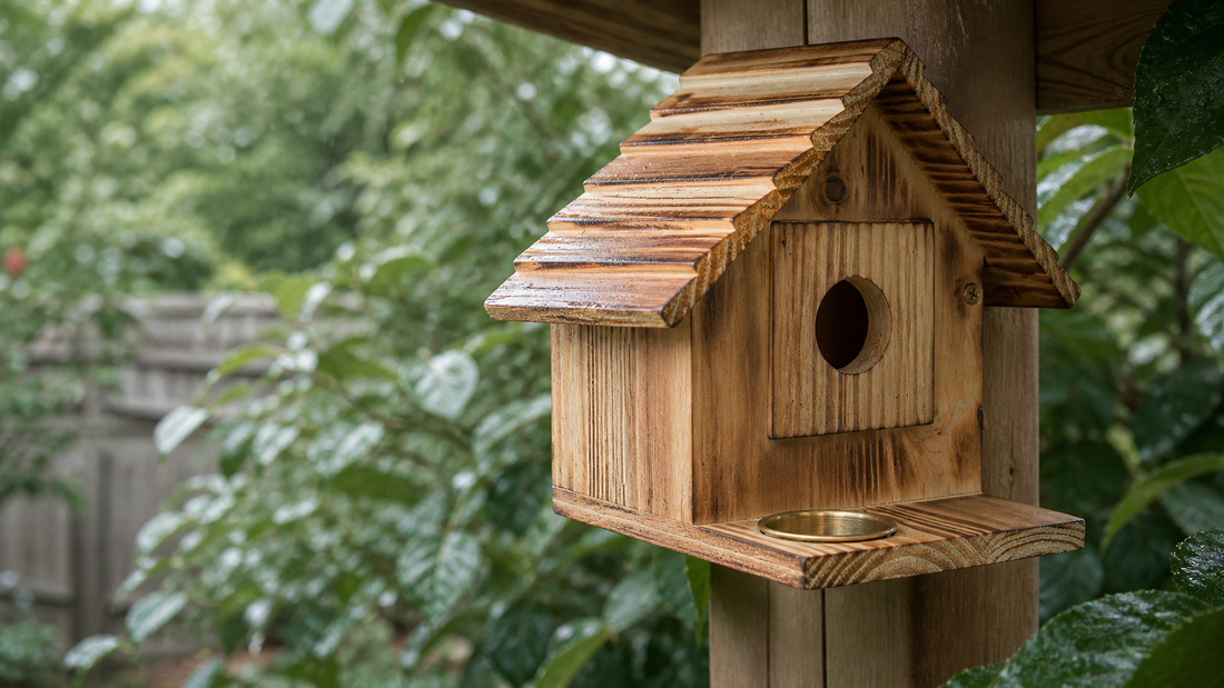 NATUREYLWL ventilated wooden bird houses in a backyard garden