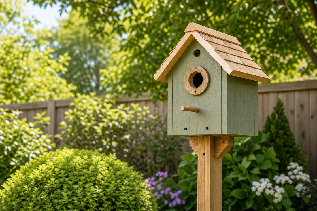 Painted wooden bird house with sage finish in a backyard garden