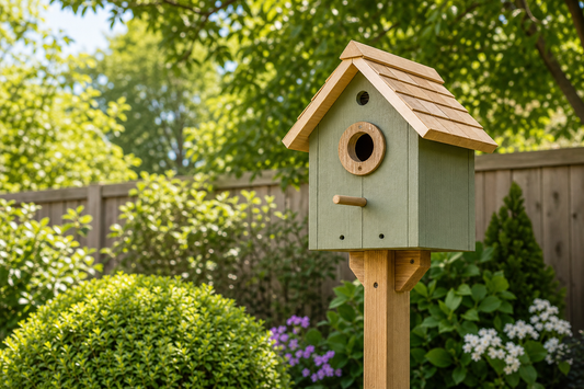 Painted wooden bird house with sage finish in a backyard garden