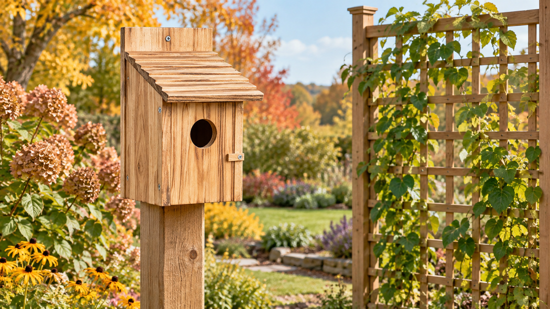 a real natural wooden bird house with a broad slatted roof displayed near but mounted independently from a freestanding garden trellis, the trellis carries light green vines without blocking the clear entrance, soft early-autumn daylight, no birds