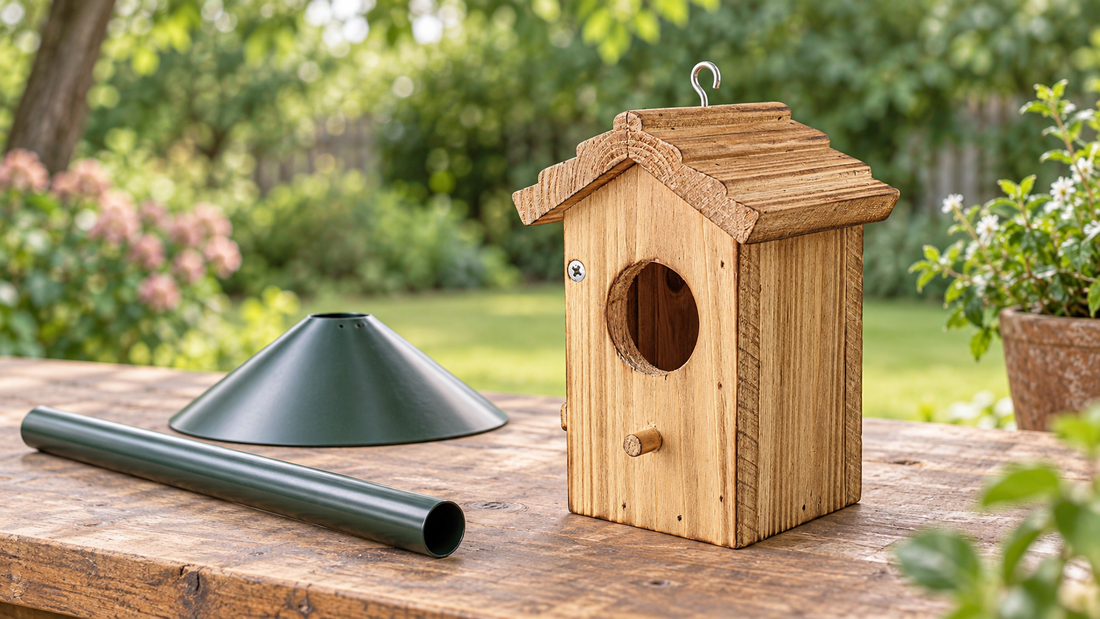 Real compact wooden birdhouse beside an uninstalled smooth metal mounting pole and separate clean cone baffle on a workshop table, quiet garden background, no birds