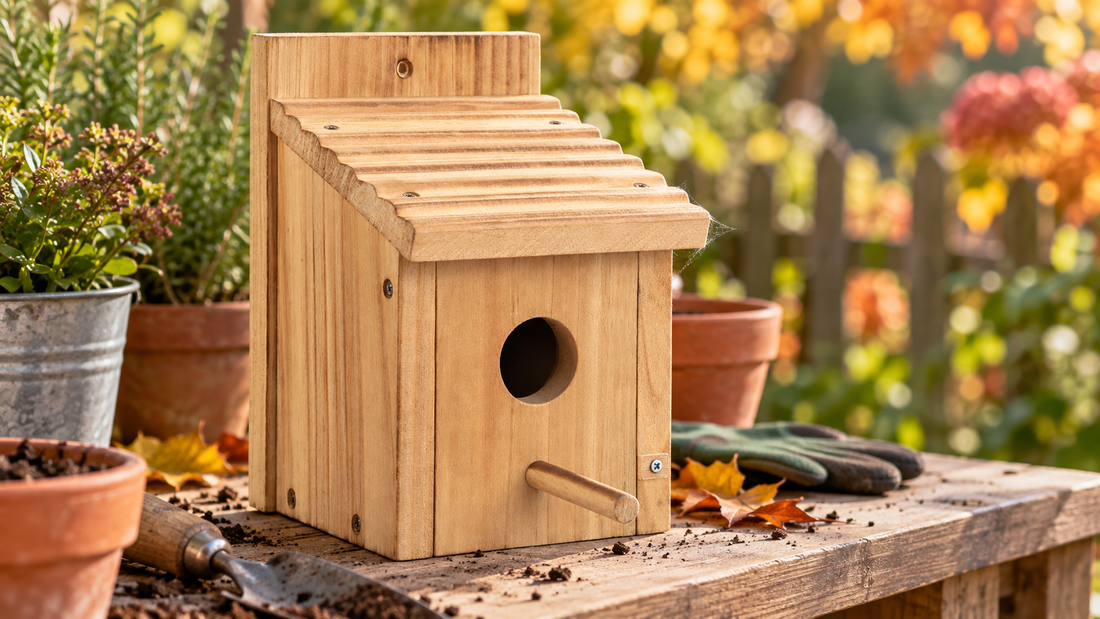 Original natural wooden sloped-roof birdhouse on an outdoor inspection bench, subtle silk at the roof edge, no birds