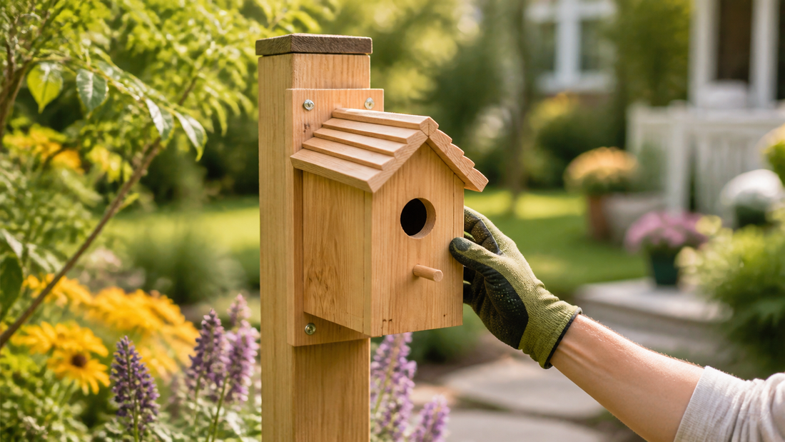 NATUREYLWL hanging wooden bird houses in a backyard garden