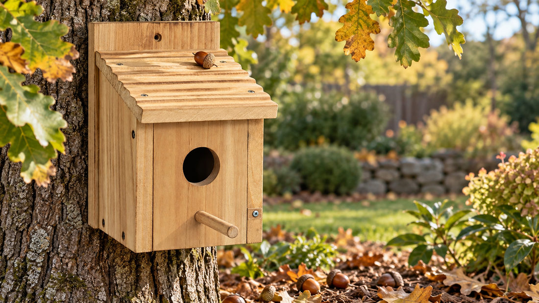 A rectangular natural-wood birdhouse with a ribbed single-slope roof in an early-autumn oak garden, a few acorns resting on the ground and one on the roof, structure intact, no birds.